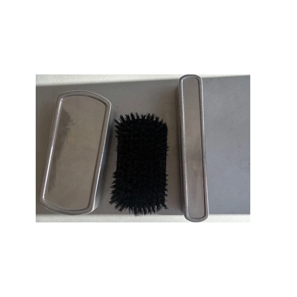 Vintage Art Deco 3 Piece Grooming Set Black Aluminum Clothes Brush & StorageTins